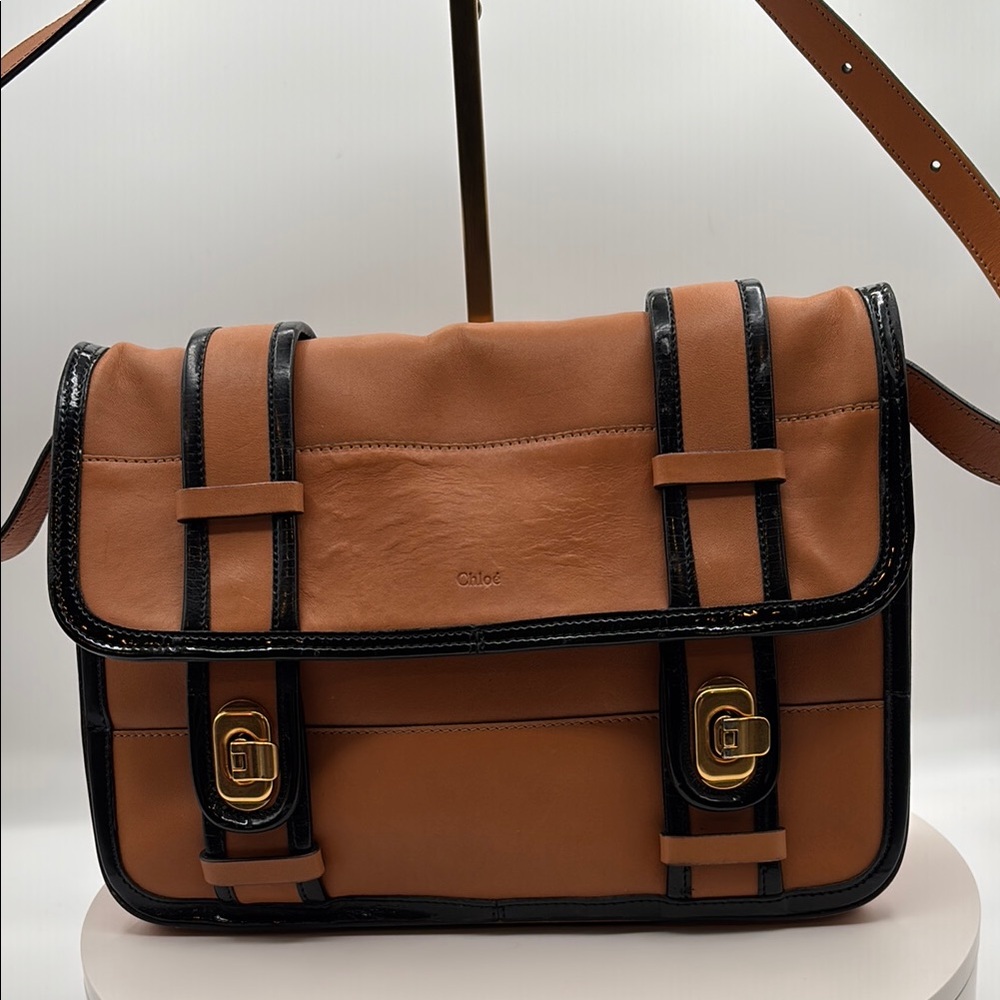 Pre-loved Chloe Tan and Black Leather flap shoulder bag.